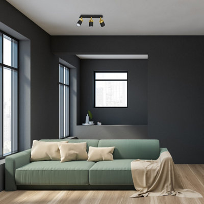 B&Q -  Joker Triple Spot Hand Made Ceiling Lamp In Matt Black With Luxurious Gold Detail With Slender Cylindrical Shades