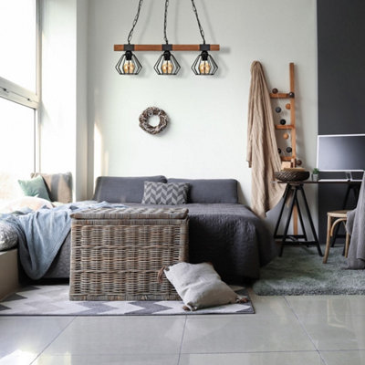 B&Q -  Ulf Hand Made Wall Lamp Matt Black Cage Natural Wood Rugged Industrial Chic