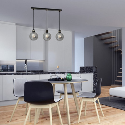Milagro Omega Hand Made Linear Pendant Lamp With Elegant Smoked Glass Spheres Quality Matt Black Fittings With Gold Detail from B&Q