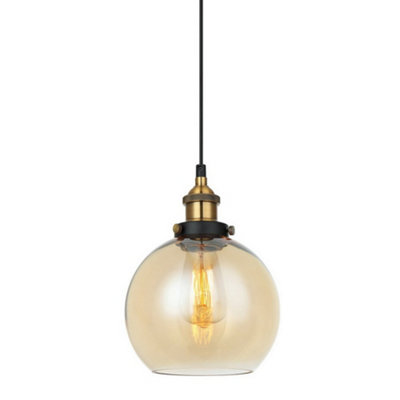 Luminosa Lighting Luminosa Industrial And Retro Hanging Pendant BlackGold 1 Light  With Amber ShadeE27 Dimmable