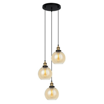 Luminosa Lighting Luminosa Industrial And Retro Hanging Pendant BlackGold 3 Light  With Amber ShadeE27 Dimmable from B&Q