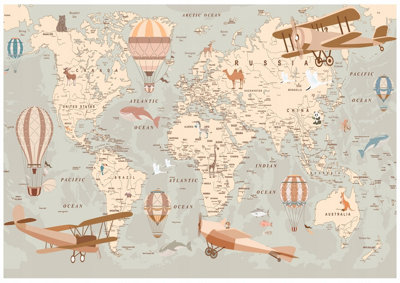 Wallarena Photo Wallpaper World Map Animals For Kids Children Non-Woven Wall Mural Modern 350X250 Cm from B&Q
