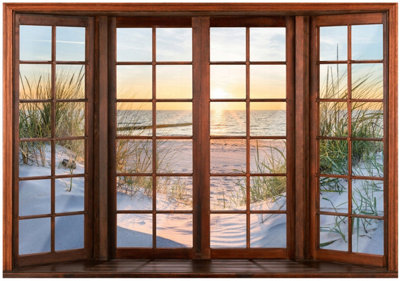 Wallarena Photo Wallpaper Beach Sea 3D Window Nature Non-Woven Wall Mural Modern 300X210 Cm from B&Q