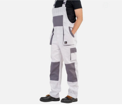 - White 100% Cotton 28-30W Work Trousers Bib & Brace Pants Overalls Multi Pocket Painters Decorators Uk