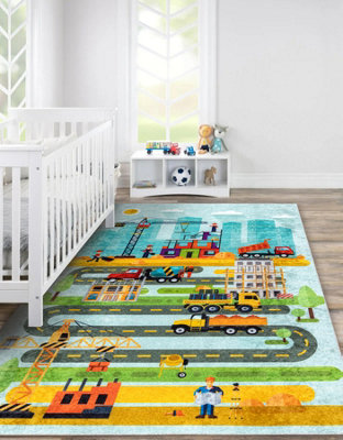 Rugsx Junior 52105.801 Washing Carpet Construction Site, Streets For Children Anti-Slip 140X190 Cm
