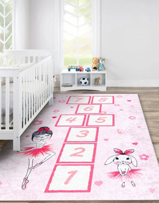 Rugsx Junior 51828.802 Washing Carpet Hopscotch, Ballerina For Children Anti-Slip - 200X290 Cm Pink