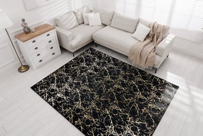RugsX Miro 11111.2106 Washing Carpet MarbleGlamour Anti-SlipBlack / Gol  140X190 Cm from B&Q