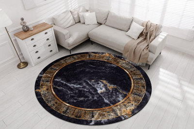 Rugsx Miro 51199.806 Circle Washing Carpet Marble, Greek Anti-Slip - / Circle 120 Cm Black