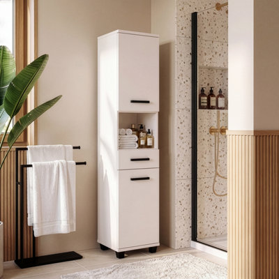 B&Q -  Veris Tall Narrow Bathroom Cupboard With 2 Doors And 1 Drawer In Sand