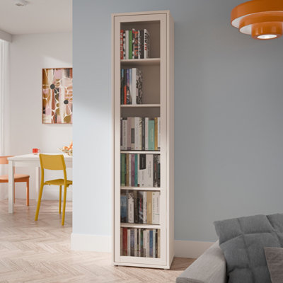 B&Q -  Alice Springs Slim Tall Display Cabinet With 1 Glass Door Push-To-Open And 5 Shelves In Sand
