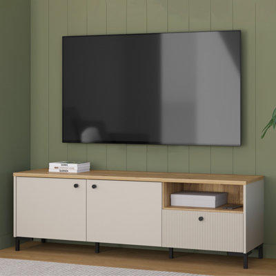 Furniture To Go Bixbite Wide Tv Unit With Fluted DrawerOpen Shelf And Cupboard In Mauvella Oak And Sand from B&Q