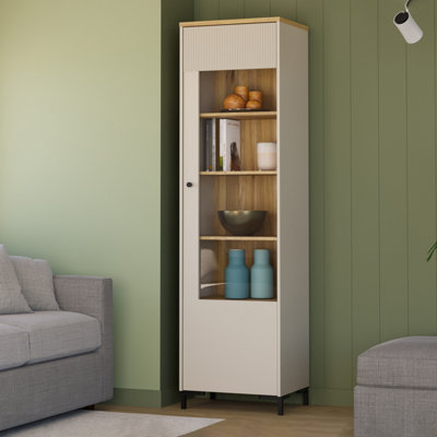 Furniture To Go Bixbite Tall Display Cabinet With Fluted DetailDoor And Open Shelving In Mauvella Oak And Sand from B&Q