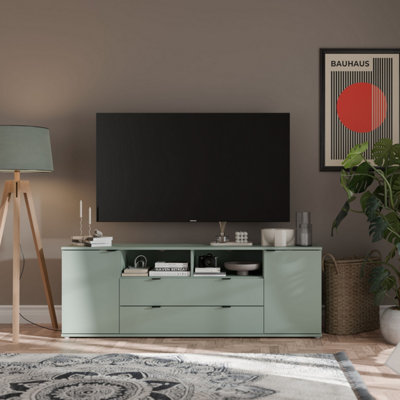 B&Q -  Ganymede Wide Tv Unit With Open Shelving2 Drawers And 2 Doors In Sage Green