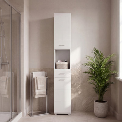 B&Q -  Ice Cave Narrow Bathroom Storage Cabinet With 2 Doors And 1 Drawer With Silver Handles In White With White High Gloss Fronts