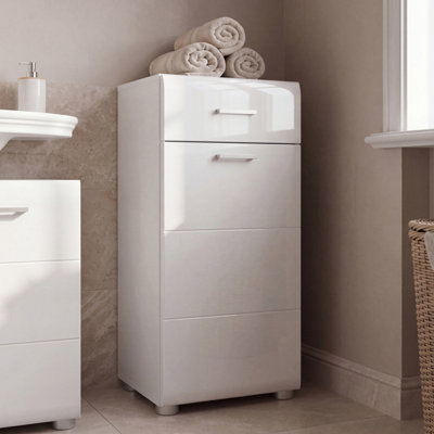 B&Q -  Ice Cave Bathroom Storage Cupboard With 1 Door And 1 Drawer With Silver Handles In White With White High Gloss Door