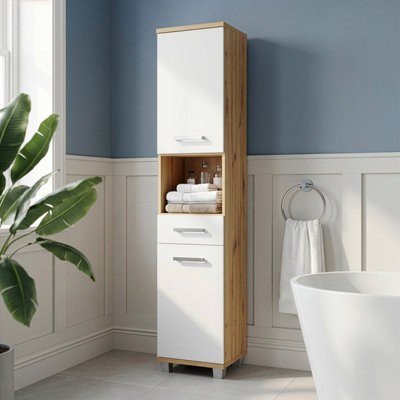 B&Q -  Veris Tall Narrow Bathroom Cupboard With 2 Doors & 1 Drawer In Artisan Oak And Light Grey