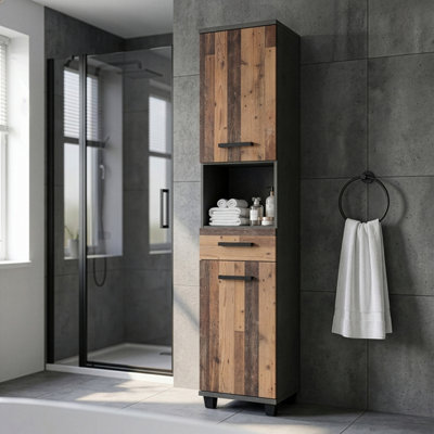B&Q -  Veris Tall Narrow Bathroom Cupboard With 2 Doors And 1 Drawer In Walnut And Dark Grey