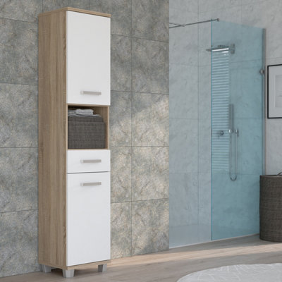 B&Q -  Veris Tall Narrow Bathroom Cupboard With 2 Doors And 1 Drawer In Sonoma Oak And White High Gloss