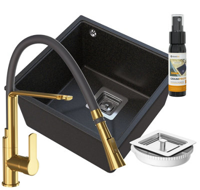 Granitan Napo Undermount Single Bowl Granite Kitchen Sink With Pull Out Gold Tap Black 420 X 420mm 3 Piece Set from B&Q