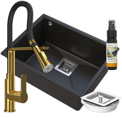 Granitan Napo Undermount Single Bowl Granite Kitchen Sink Black Gold Fleck 55Cm With Gold Tap And Siphon Set from B&Q