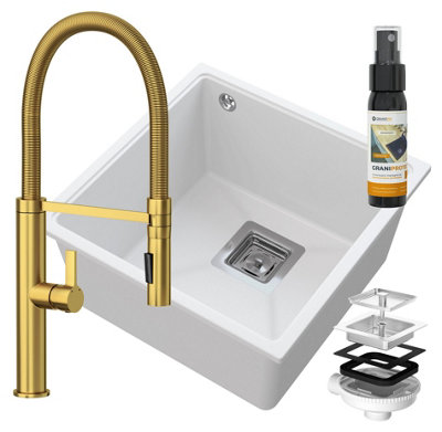 Granitan Napo 42 Undermount Granite Kitchen Sink Set White With Gold Tap And Siphon 420 X 420mm from B&Q