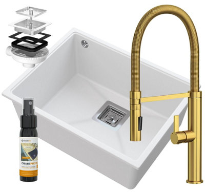 Granitan Napo Undermount 1 Bowl Granite Kitchen Sink White 550 X 420mm With Gold Pull Out Tap And Siphon Set 3Pc from B&Q