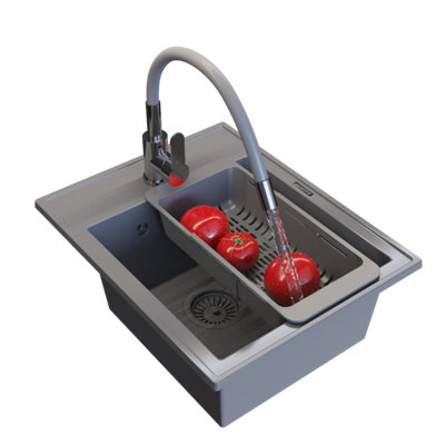 Granite Kitchen Sink Granitan Nero Single Bowl With SyphonBasket And Grado Grey Tap Set from B&Q