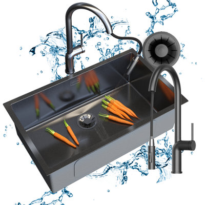 Granitan Steel Kitchen Sink Single Bowl Granite Silvo75 With Oxi Black Tap And Waste Set from B&Q