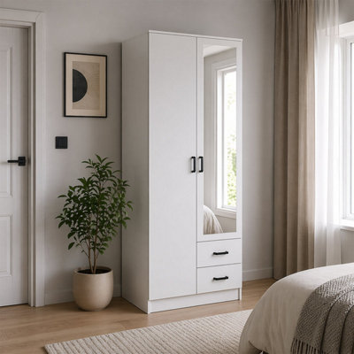 B&Q -  Tilly 2 Door Minimalist Style Mirrored Wardrobe With Drawers 80CmWhite