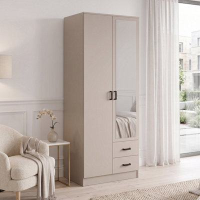 Heze Furniture Tilly 2 Door Minimalist Style Mirrored Wardrobe With Drawers 80CmCashmere