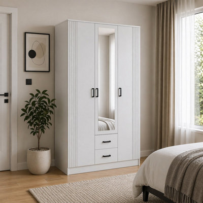 Heze Furniture Luna 3 Door Fluted Style Mirrored Wardrobe With Drawers 120CmWhite