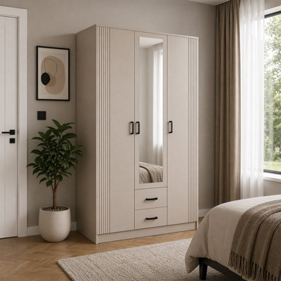 Heze Furniture Luna 3 Door Fluted Style Mirrored Wardrobe With Drawers 120CmCashmere