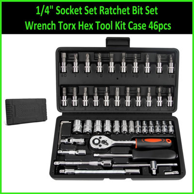  - 1/4" Socket Set Ratchet Bit Set Wrench Torx Hex Tool Kit Case 46Pcs