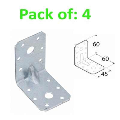 Angle Bracket 2mm Thick Heavy Duty Corner Reinforced Galvanised Zinc Plated 60X60 Width 45mm Pack Of: 4 from B&Q