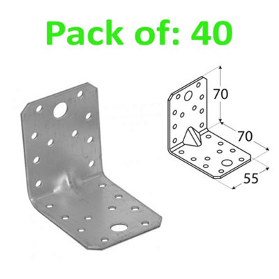 Angle Bracket 2mm Thick Heavy Duty Corner Reinforced Galvanised Zinc Plated 70X70 Width 55mm Pack Of: 40 from B&Q