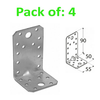 Angle Bracket 2mm Thick Heavy Duty Corner Reinforced Galvanised Zinc Plated 90X50 Width 55mm Pack Of: 4 from B&Q
