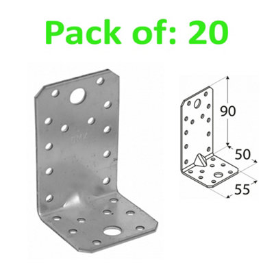 Angle Bracket 2mm Thick Heavy Duty Corner Reinforced Galvanised Zinc Plated 90X50 Width 55mm Pack Of: 20 from B&Q