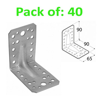 Angle Bracket 2mm Thick Heavy Duty Corner Reinforced Galvanised Zinc Plated 90X90 Width 65mm Pack Of: 40 from B&Q