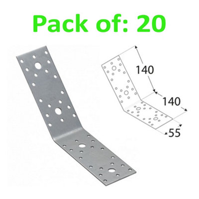 Galvanised Corner Brace 135 Degree Angle Bracket Joist Timber Mending Plates 140X140 Width 55mm Pack Of: 20 from B&Q