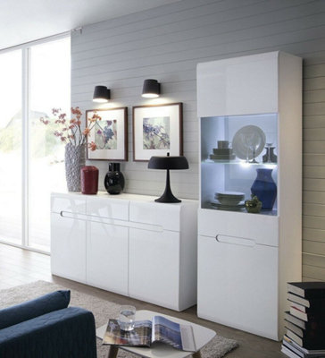 B&Q -  Living Room Set Storage Tall Glass Display Cabinet Sideboard White Gloss Azteca
