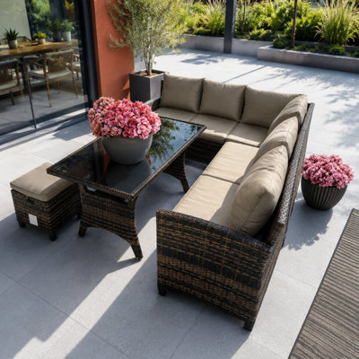 Heze Furniture Malaga Rattan Garden Lounge Set With TableSofas And Cushioned StoolsBrown from B&Q