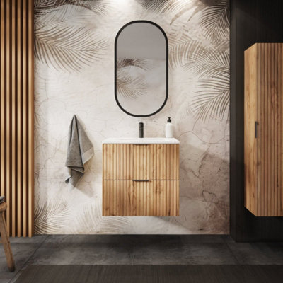 Heze Furniture Flow 2 Drawer Bathroom Vanity Cabinet Vanity Unit With Basin 60CmGold Craft Oak from B&Q