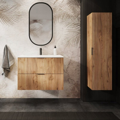 Heze Furniture Flow Wall-Mounted 2 Bathroom Vanity Cabinets Set With Basin 80 CmGold Craft Oak from B&Q