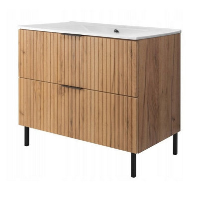 Heze Furniture Flow Standing Bathroom Vanity Cabinet With Basin 80CmGold Craft Oak from B&Q
