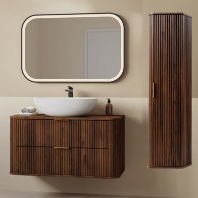Heze Furniture Elegance Glamour Style 2 Bathroom Cabinets Set 100Cm Vanity Unit & Tall Cabinet In Walnut from B&Q