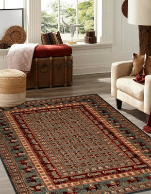 RugsX Wool Carpet Kashqai 4301 401 OrientalFrame Green / Terracotta  67X130 Cm from B&Q