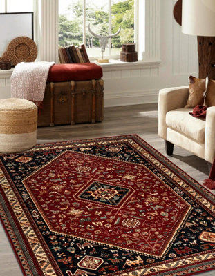 RugsX Wool Carpet Kashqai 4364 301 OrientalFrame Claret / Black  80X160 Cm from B&Q