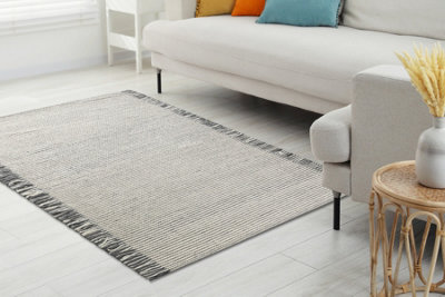 RugsX Wool Carpet Tahar 99003F Cream / GreyHand-Woven LinesFringes  200X290 Cm from B&Q