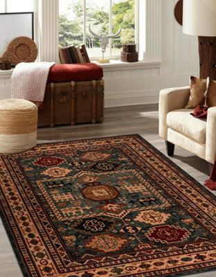 RugsX Wool Carpet Kashqai 4306 400 OrientalFrame Green Beige 200X300 Cm from B&Q