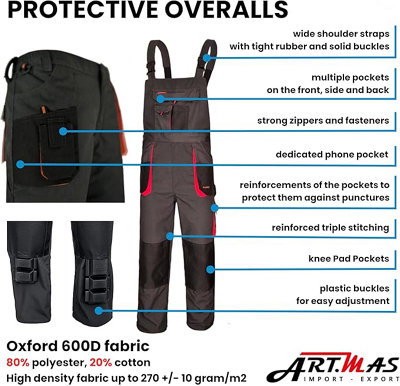  - Agritrade Ak Work Bib & Brace Multipockets Men's TrousersWide BracesSolid BucklesReinforcedGrey-Red Uk30-32Inch(Eu48)